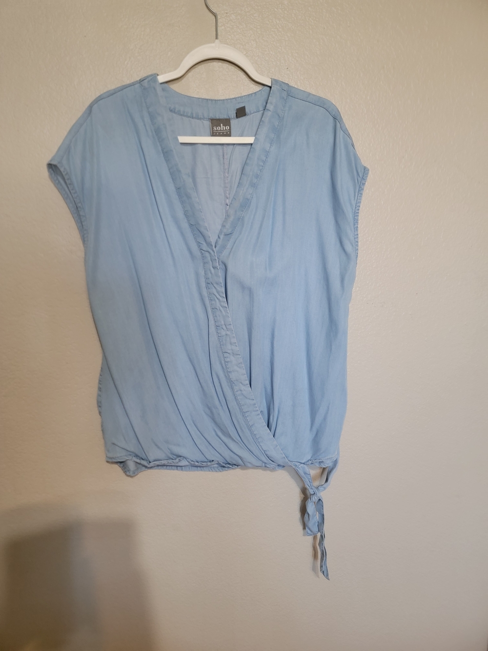 Soho Light Blue Wrap Tie-Front Women's Top